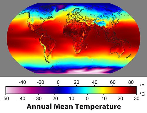 Wereldwijde gemiddelde temperatuur. In Europa is het warmer dan andere plekken op dezelfde hoogte.