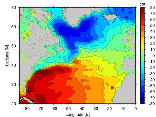 Variaties in gemiddeld zeeniveau over de Atlantische Oceaan
