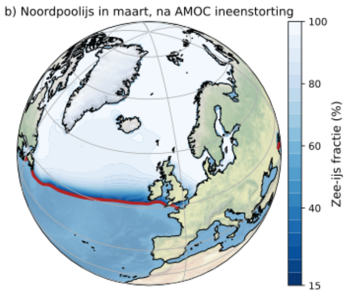 Noordpoolijs in maart, na AMOC ineenstorting