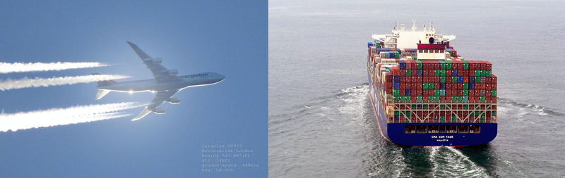 Vliegtuig en vrachtschip