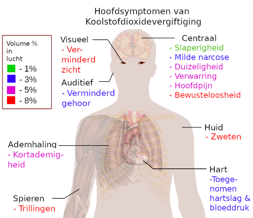 Hoofdsymptomen van koolstofdioxidevergiftiging